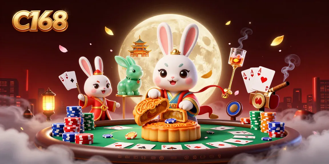 Experience thrilling gambling action at C168 with a mystical moon rabbit and vibrant poker chips.