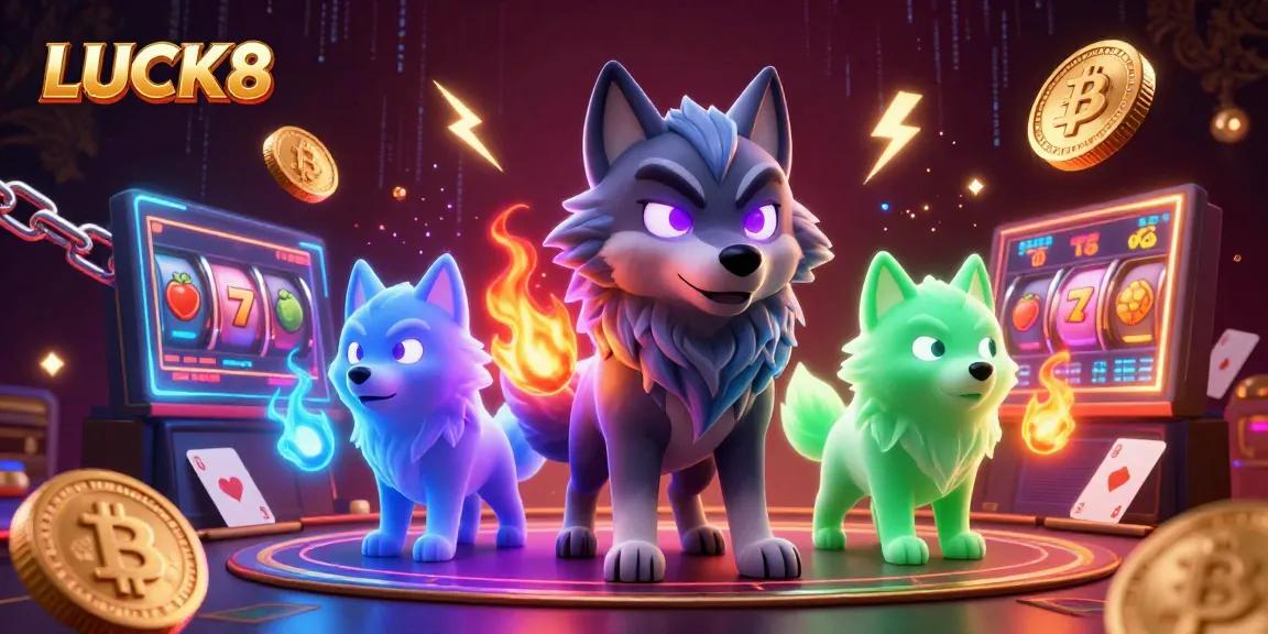 Experience thrilling gameplay at LUCK8 with vibrant 3D characters, casino elements, and cryptocurrency.