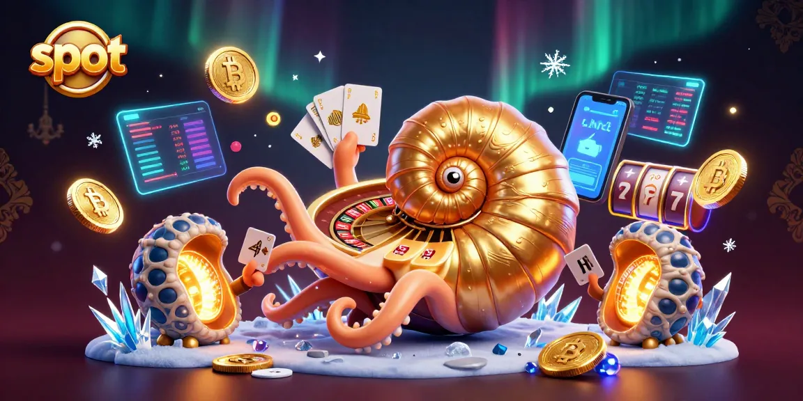 Mainkan slot dengan nautilus berputar dan kartu, sambil dikelilingi simbol perjudian.