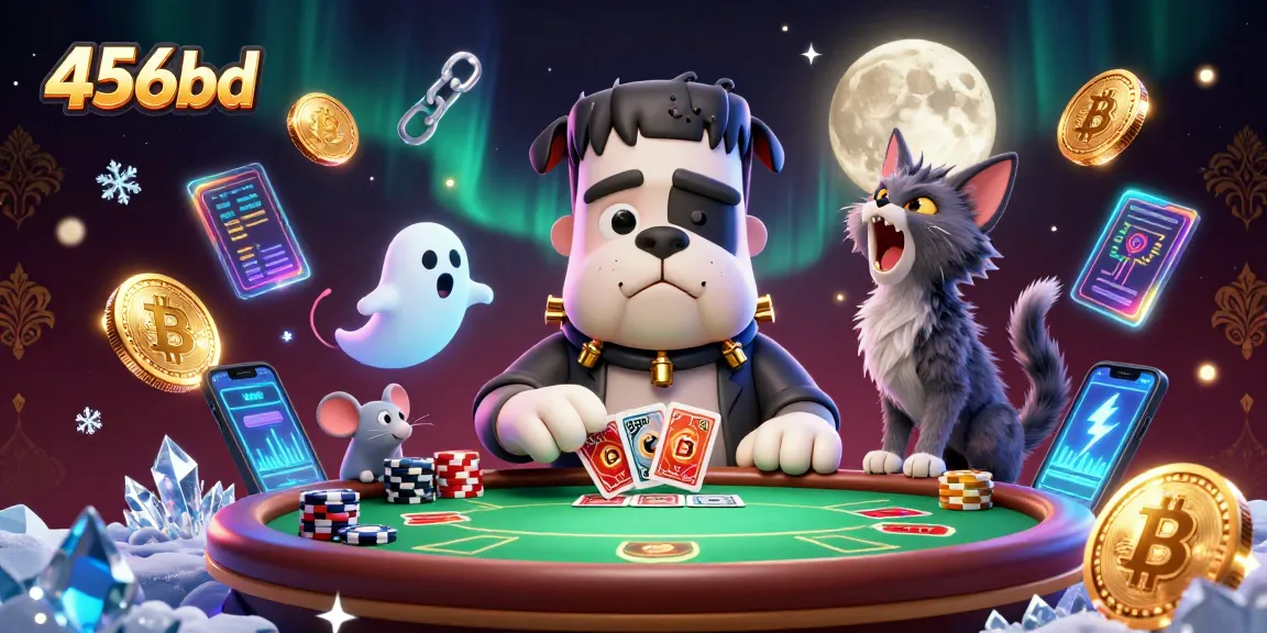 Engage in thrilling poker action with 456bd’s colorful cartoon characters amid vibrant crypto elements.