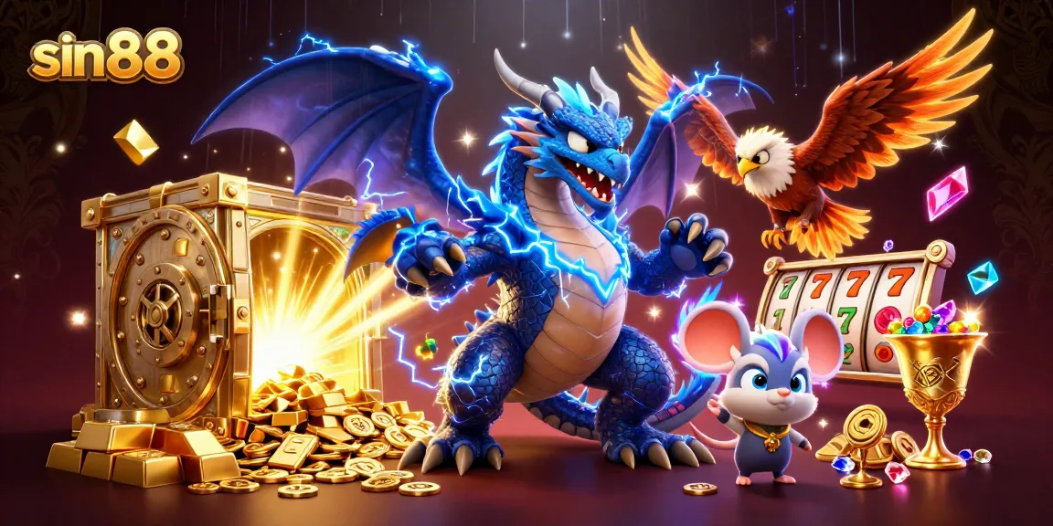 Engaging scene at sin88 with cartoon dragon, hawk, and slots, radiating excitement and treasures.