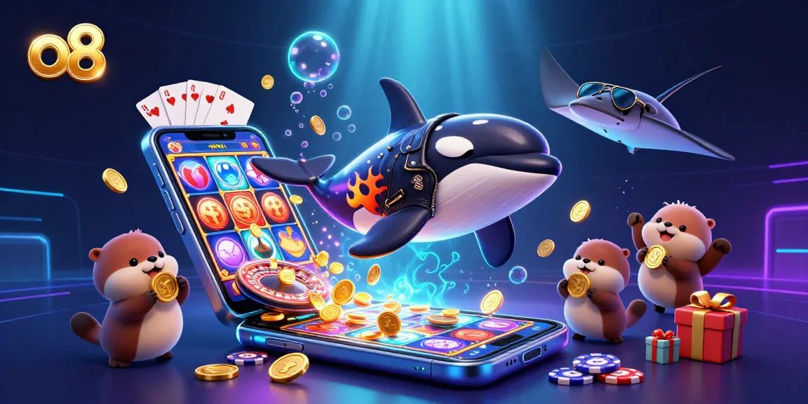 Experience the thrill of the o8 casino with an orca and stingray in a vibrant, playful underwater gambling scene.