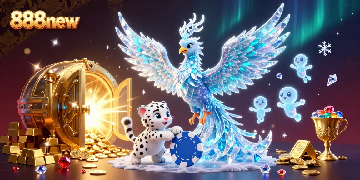 Engage in the thrilling world of 888new with a vibrant 3D casino illustration featuring an ice phoenix, poker chip, and sparkling treasures.