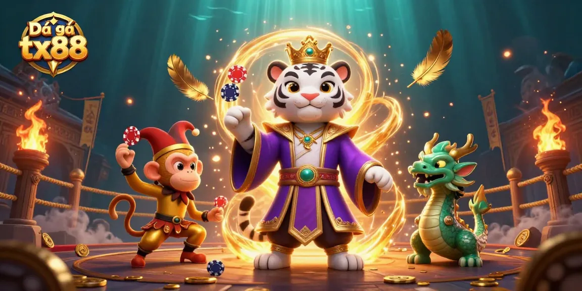 Engage in Đá gà tx88 with a dynamic scene featuring a majestic tiger and a playful monkey.