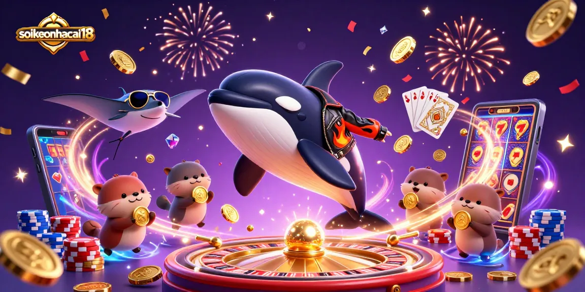 Engage with soikeonhacai18's vibrant casino scene featuring animated orca, stingray, and otters surrounded by coins and gaming elements.