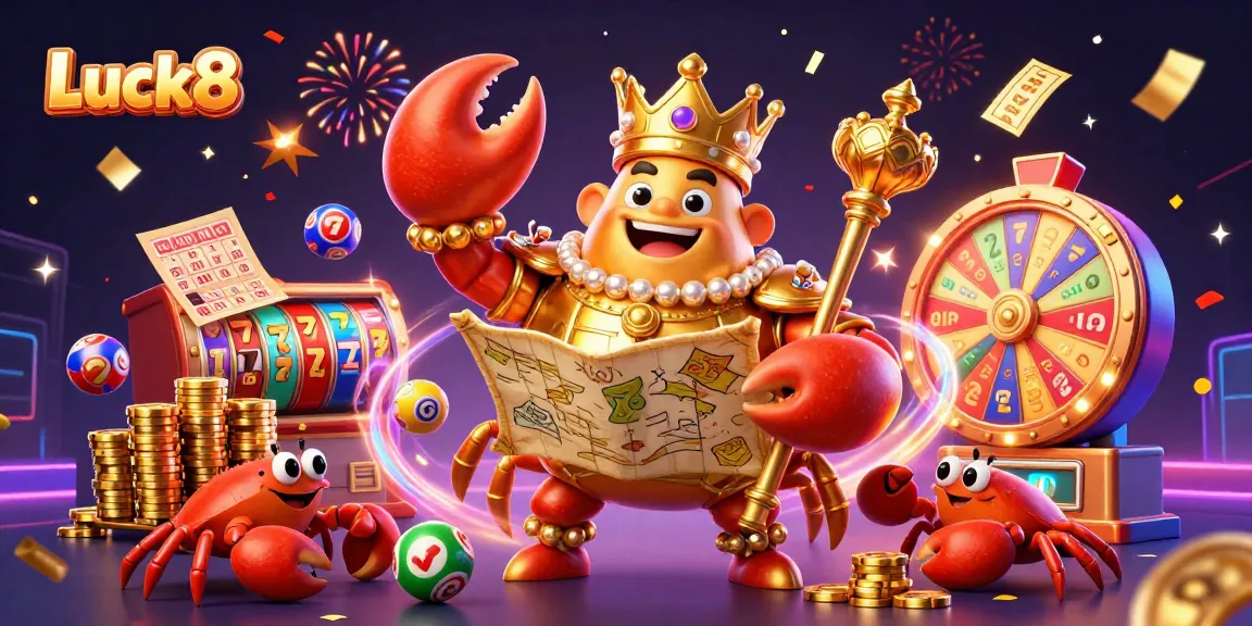 Experience Luck8 with golden crab emperor in a dynamic casino scene full of vibrant games and excitement.