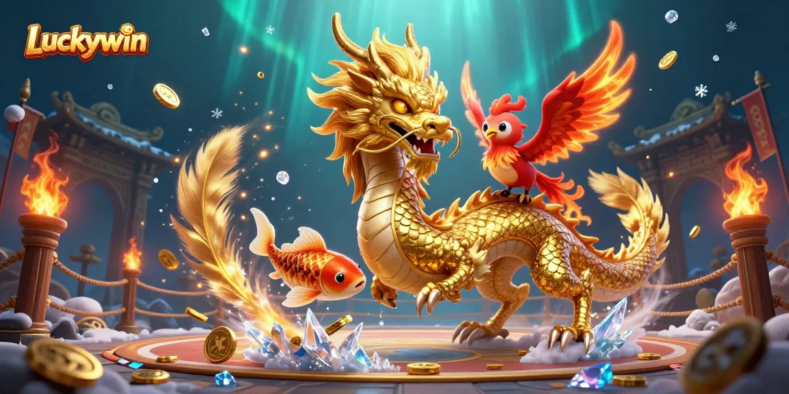 Experience thrilling wins at Luckywin with a golden dragon and koi fish amidst a vibrant casino scene.