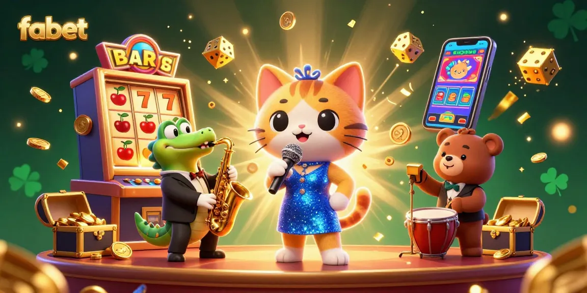 fabet showcases a vibrant casino illustration with a singing cat, saxophone crocodile, and drumming bear, representing winning excitement.