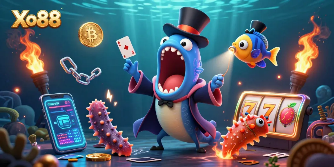 Xo88 brings a vibrant casino magic show to life with sea creatures performing tricks amidst glowing crypto elements.