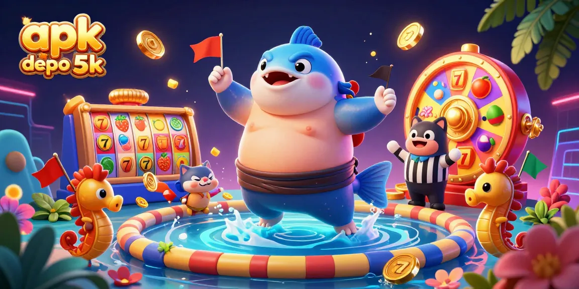 Engage with apk slot depo 5k in a vibrant casino scene featuring colorful slot reels, a dynamic blowfish character, and exciting gameplay elements.