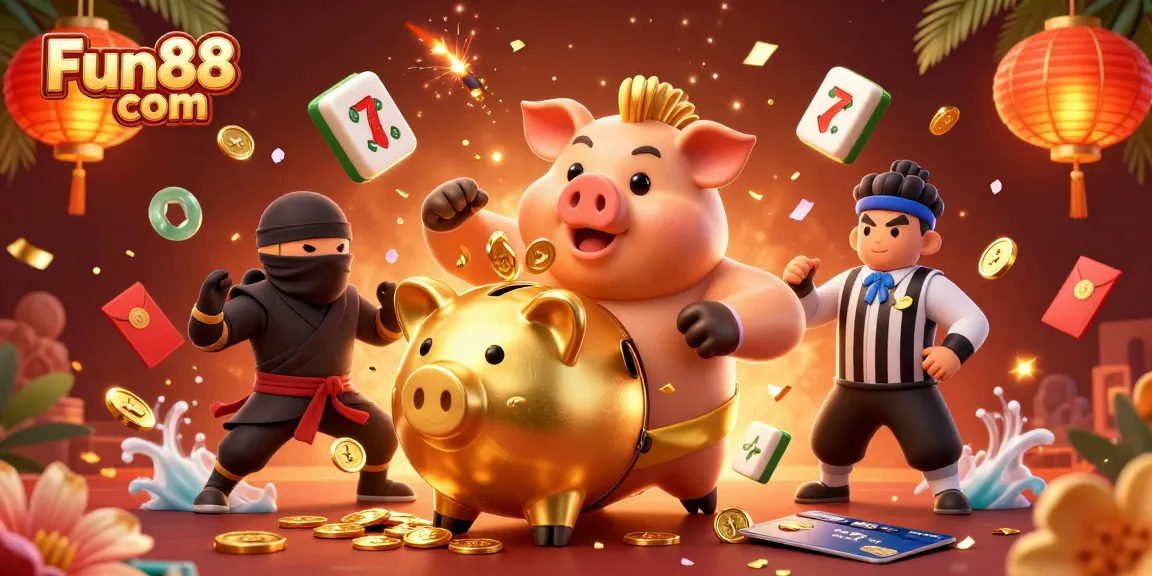 Engage with Fun88 com's exciting slots and games, highlighted by a sumo wrestler piggy bank.