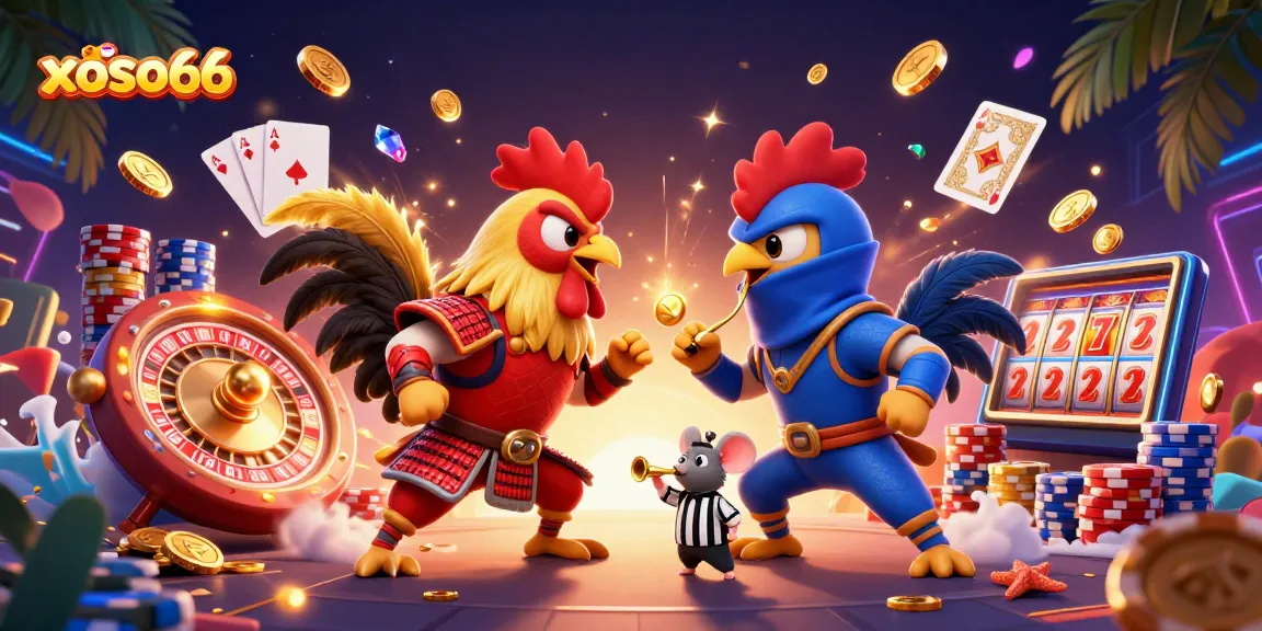 Xoso66 showcases an epic battle between 3D fighting roosters amidst stunning casino elements and vibrant graphics.