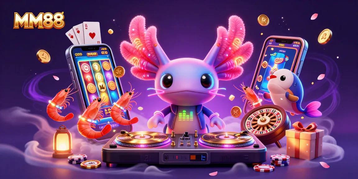 Engage with MM88's vibrant online gaming scene featuring neon characters and exciting casino elements.