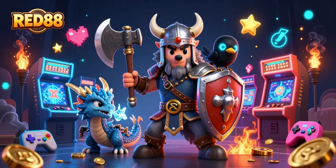 Engage with thrilling slots at RED88, featuring a Viking warrior and enchanting gaming elements.