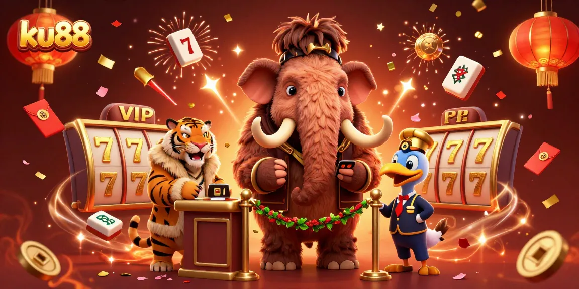 ku88 showcases a lively casino scene with a woolly mammoth bouncer and vibrant slot elements.