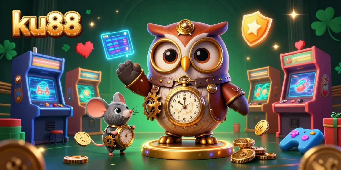 ku88 engages players in a vibrant 3D casino landscape with steampunk owl and colorful game elements.