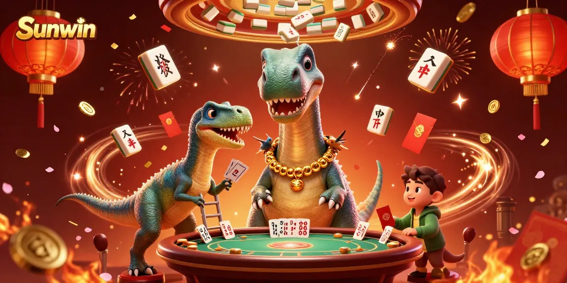 Engage with thrilling poker action at Sunwin, featuring a dinosaur croupier and vibrant casino elements.