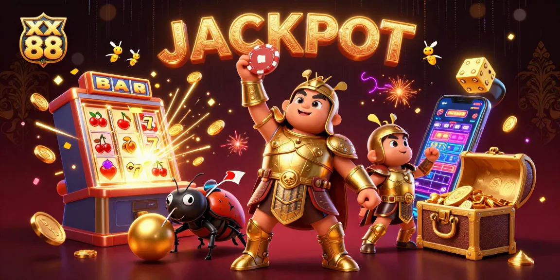 Experience the thrill of xx 88 with a victorious hercules beetle lifting a poker chip amidst a jackpot explosion.