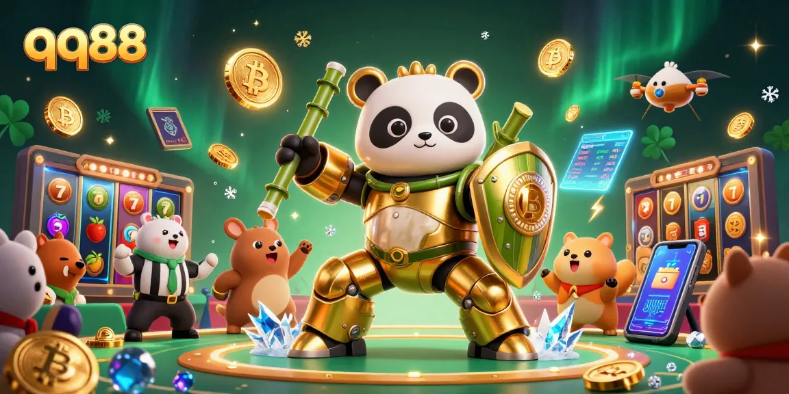 Experience thrilling gameplay at qq88 with a golden panda piloting a fierce robot in a 3D casino arena.