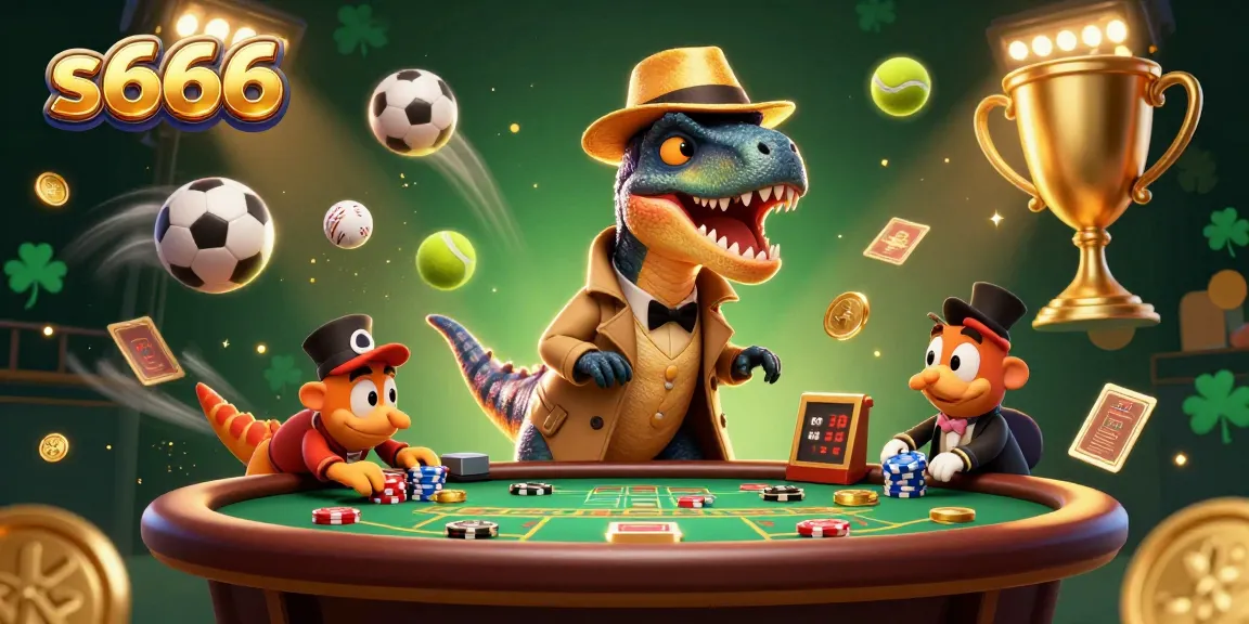 s666 players enjoy blackjack with a velociraptor card counter and stegosaurus pit boss in a dynamic casino scene.
