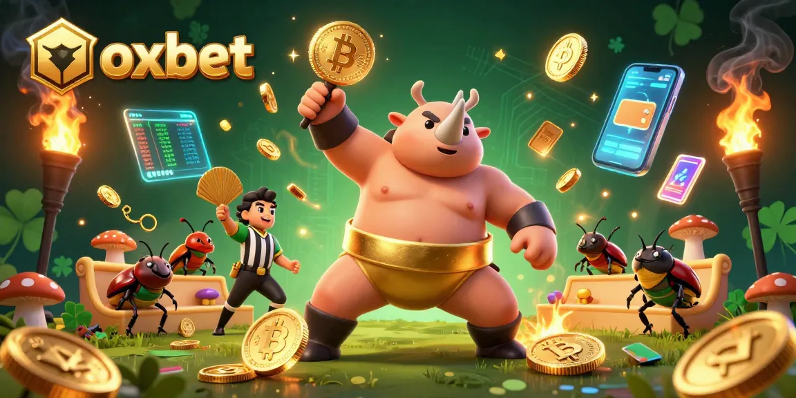 Bet on oxbet as the sumo beetle champion leaps, showering golden coins in this vibrant casino scene.