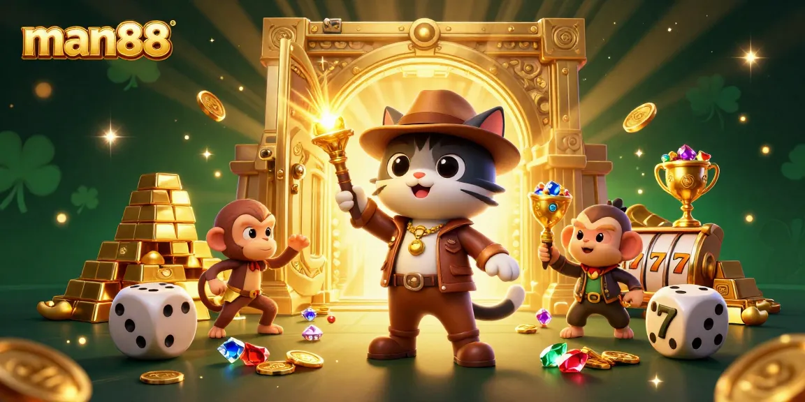 Experience the excitement of man88 with a cartoon cat archeologist discovering golden casino treasures.
