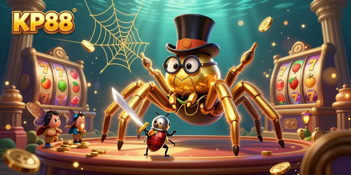 Experience the thrill of KP88 with a vibrant illustration of casino excitement featuring a golden tarantula and beetle knight.