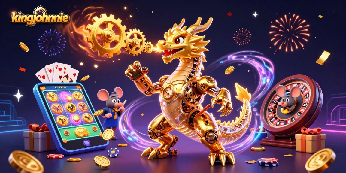 Engage with kingjohnnie's exciting casino experience featuring a golden dragon and vibrant gaming elements.