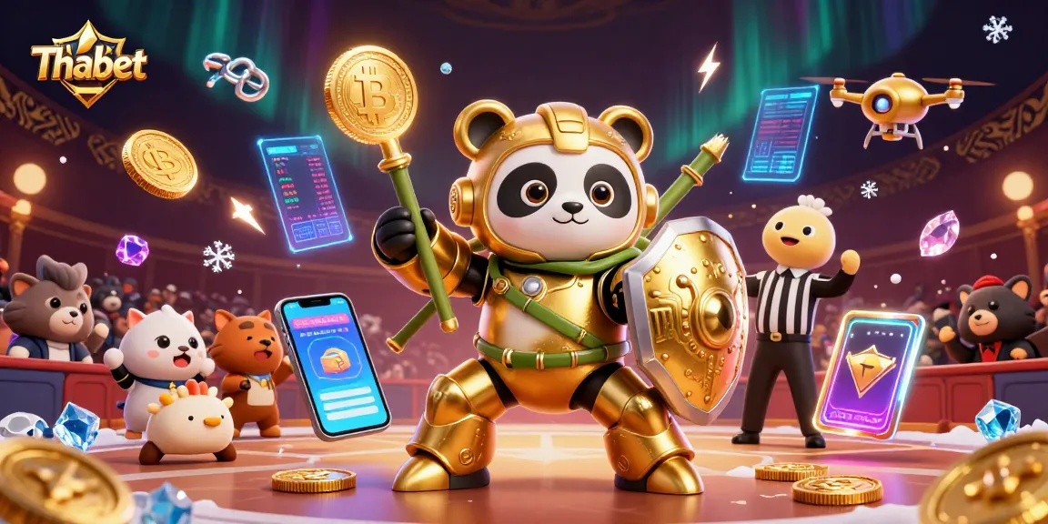 Thabet showcases exciting game action in a vibrant 3D casino arena with crypto elements.